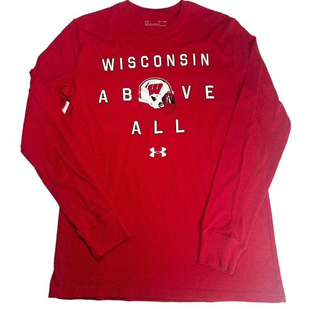 Wisconsin Badgers Under Armour Long Sleeve T-Shirt Small Red Loose‎ Fit Football